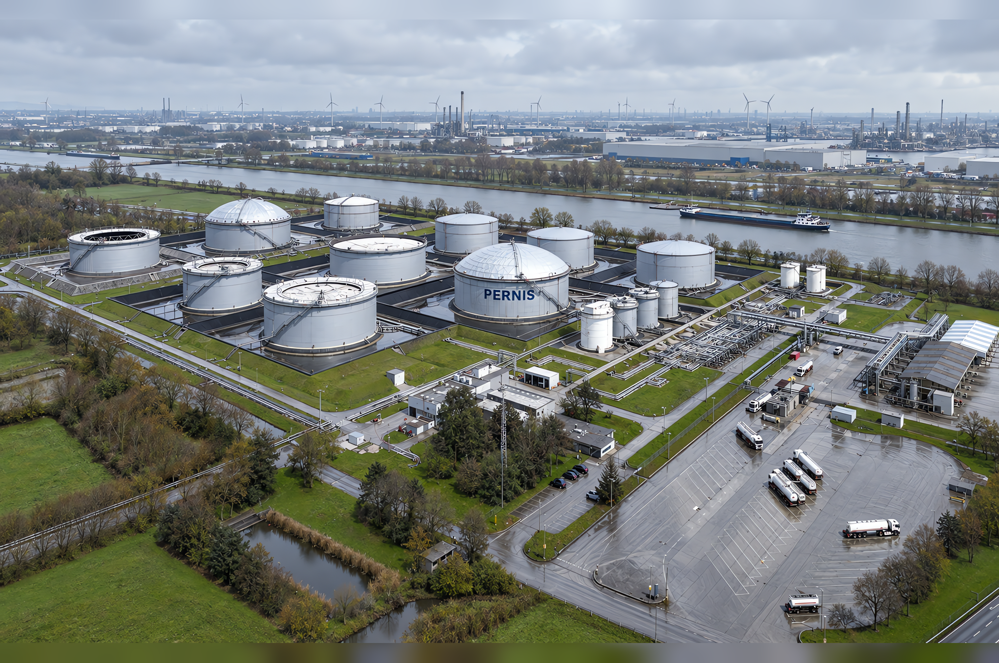 AI-retouched illustration of storage tanks in an Amsterdam-style industrial port setting