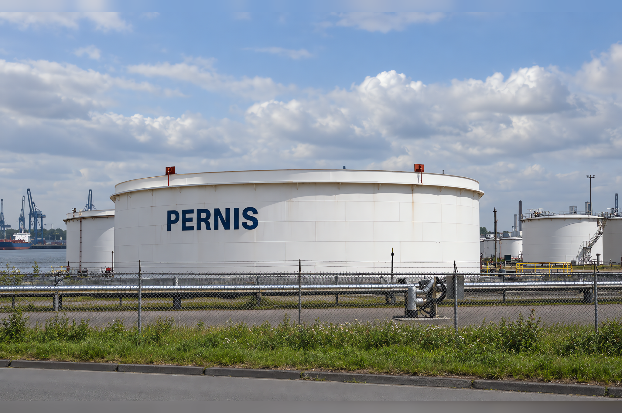 AI-retouched illustration of storage tanks in an Antwerp-style industrial port setting
