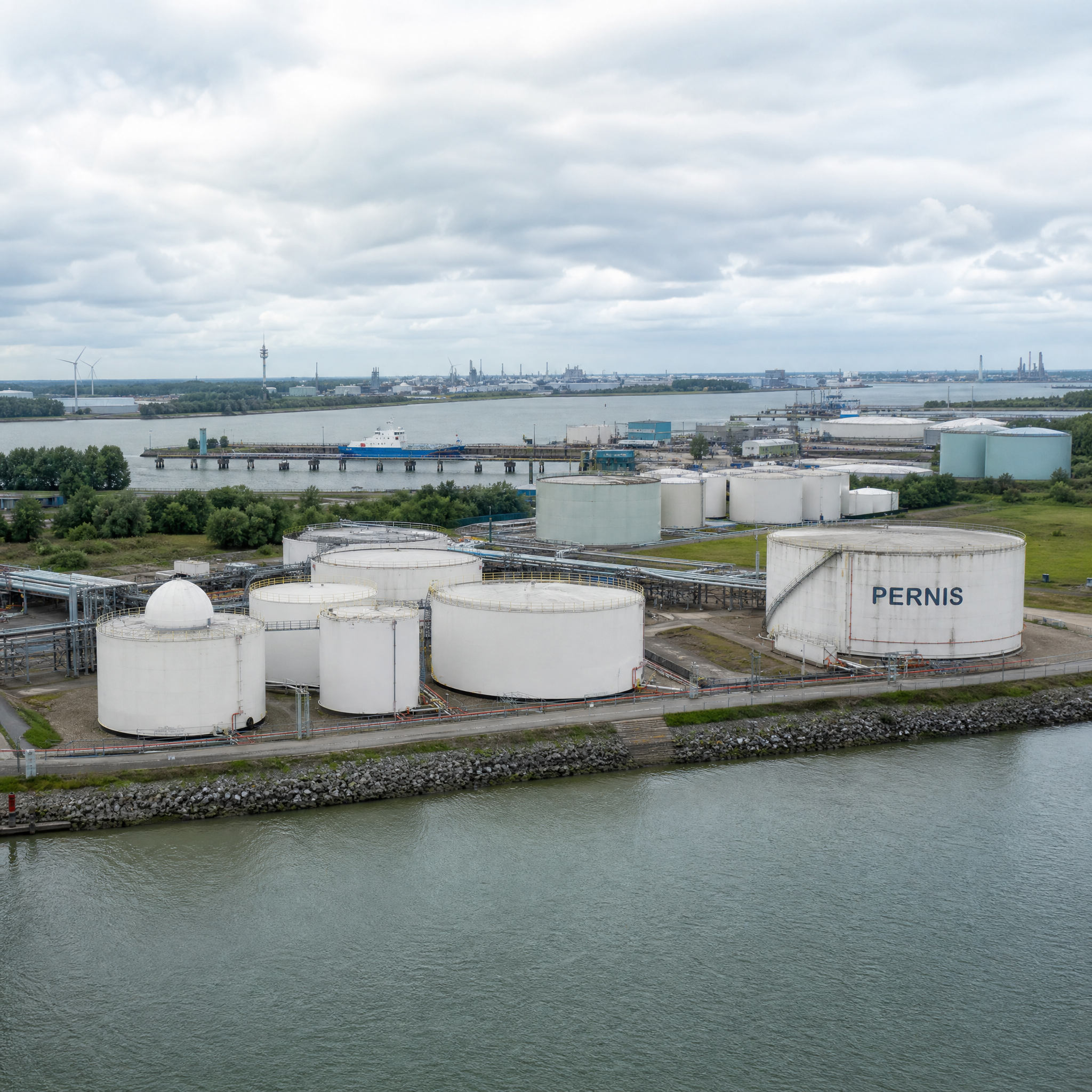 AI-retouched illustration of storage tanks in a Zeeland-style coastal port setting
